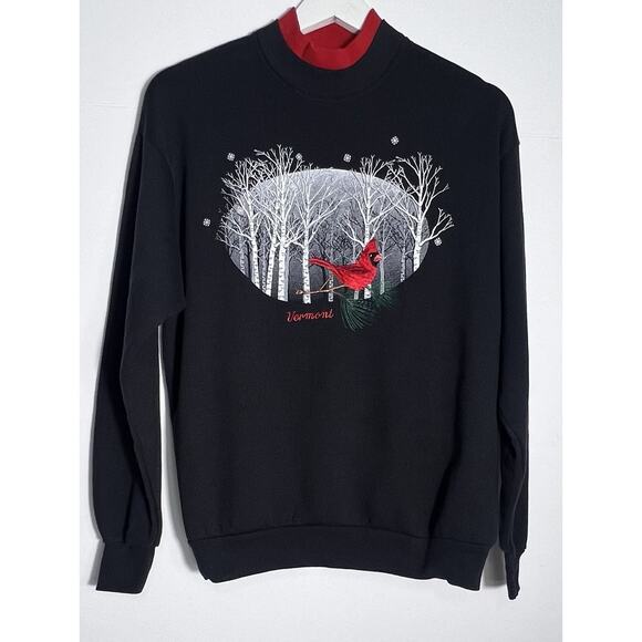 Vtg Lee Black Sweatshirt Winter Red Cardinal Vermont Sz Medium Y2K Grannycore - Picture 1 of 5